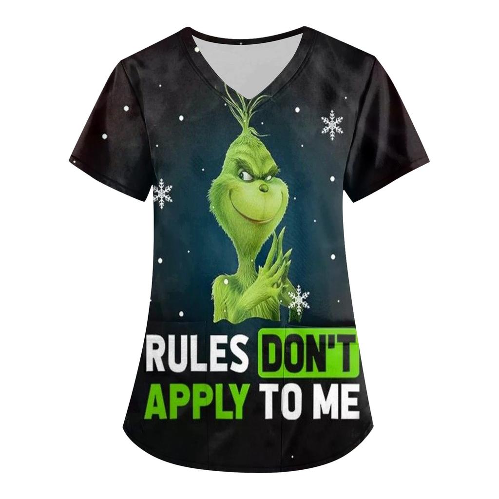 Moda Femenina Estampado Manga Corta Cuello en V Patrón Tops Bolsillo Camisetas de Trabajo