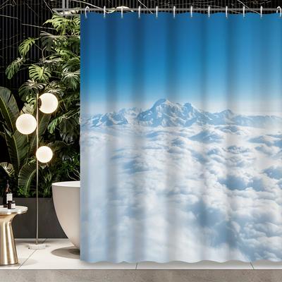 1pc Serene Mountain & Cloud Landscape Shower Curtain - Polyester, Washable, Grommet Top with Hooks, All-Season Decor for Bathroo