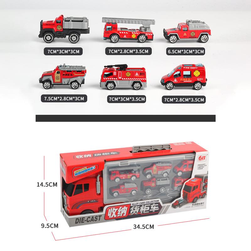 New Storage Container Truck Model Simulation Engineering Fire Military Fleet Toy with Six Alloy Cars Children's Car Toy Gift
