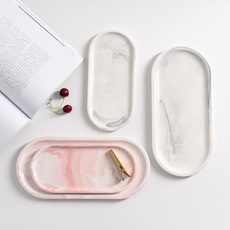 Creative Gilt Border Marble Ceramic Oval Tray Western Dinner Plate Dessert Plate Home Jewelry Storage Tray Interior Decoration