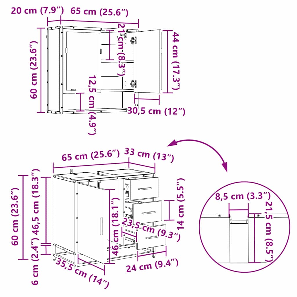 Bathroom Furniture Set 3 Pcs Black Oak Effect Particleboard