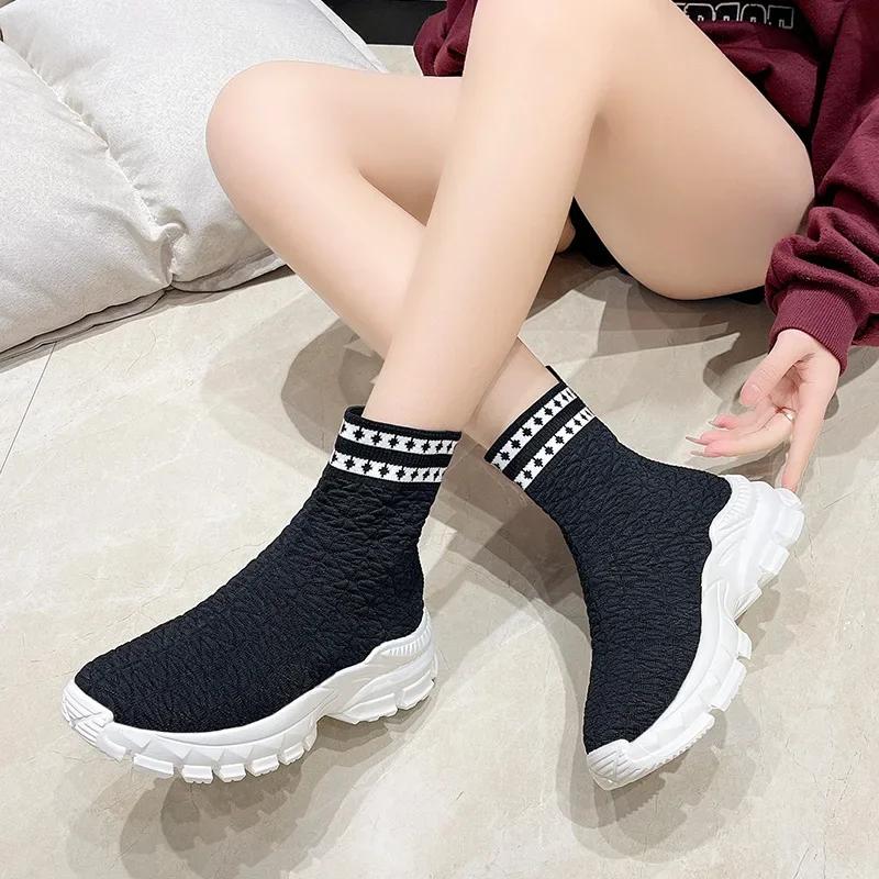Women's Autumn Stretchy Knitted Ankle Boots Sock Style Slip On Retro Flat Sport Short Boots Female Shoes Botas De Mujer 2024