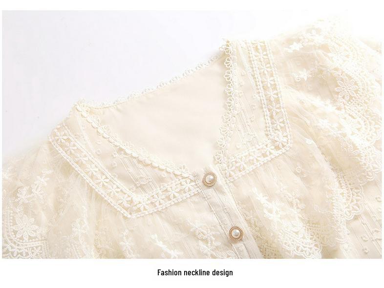 Top de Encaje Francés con Cuello en V y Manga Abullonada para Mujer - Elegante Estilo Veraniego