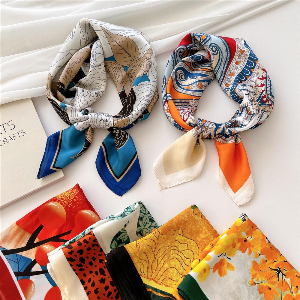 Luxury Silk Square Scarf Women Shawl Fashion French Flower Print Design Satin Hijab Wraps Neckerchief Female Hair Bands 70*70Cm