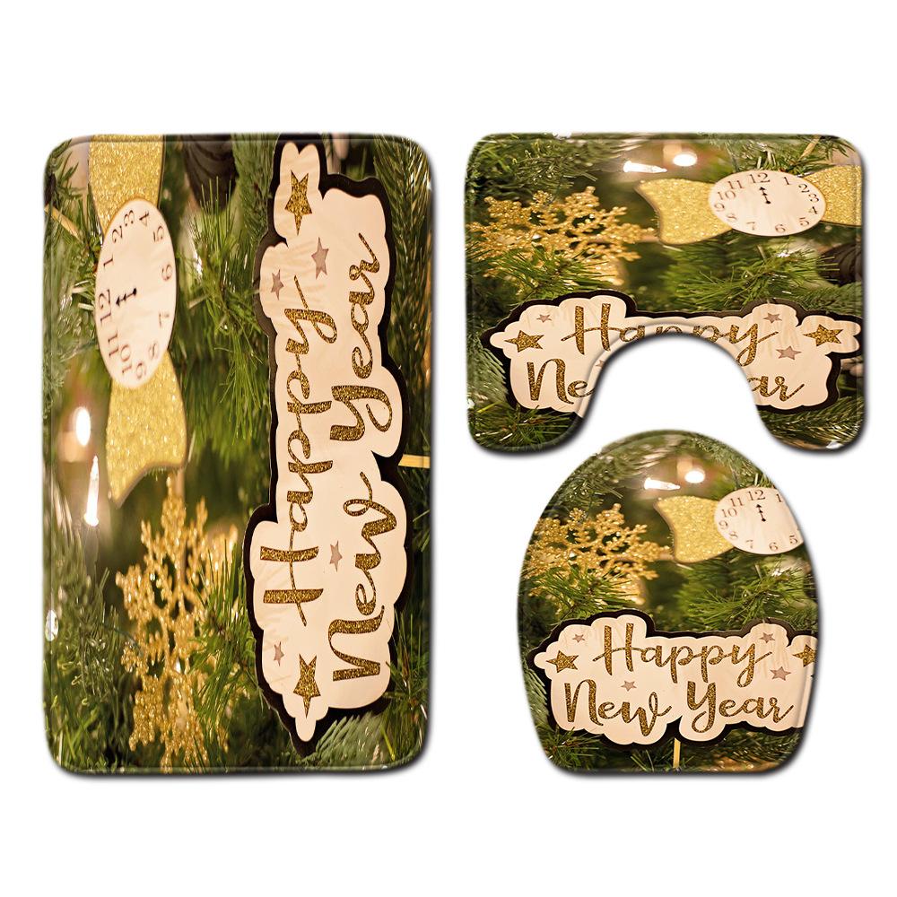 Christmas Shower Curtain Floor Mat Combination Four-Piece Set Bathroom Toilet Carpet Shower Room Mat Foot Mat