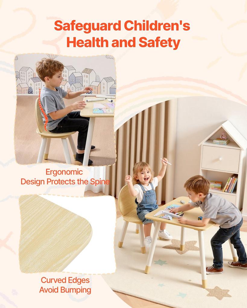 Kids Table and 2 Chairs Set, Toddler Table and Chair Set with Rounded Edge Design & Graffiti Desktop, Wooden Desk for Art, Craft, Reading, Learning,