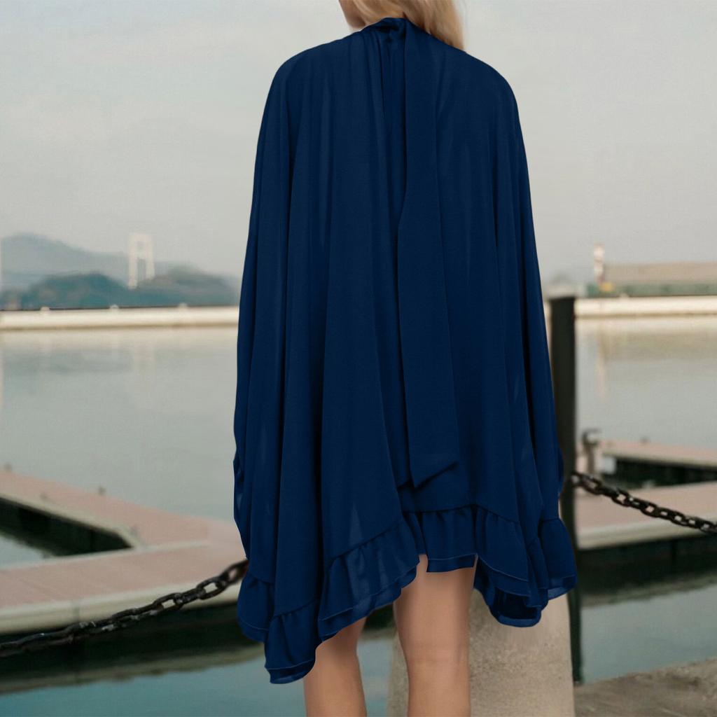 Abito Elegante da Donna in Chiffon con Dettaglio a Volant Collo Alto Manica Svasata Mini Abito Casual Vestibilità Larga Abito Estivo