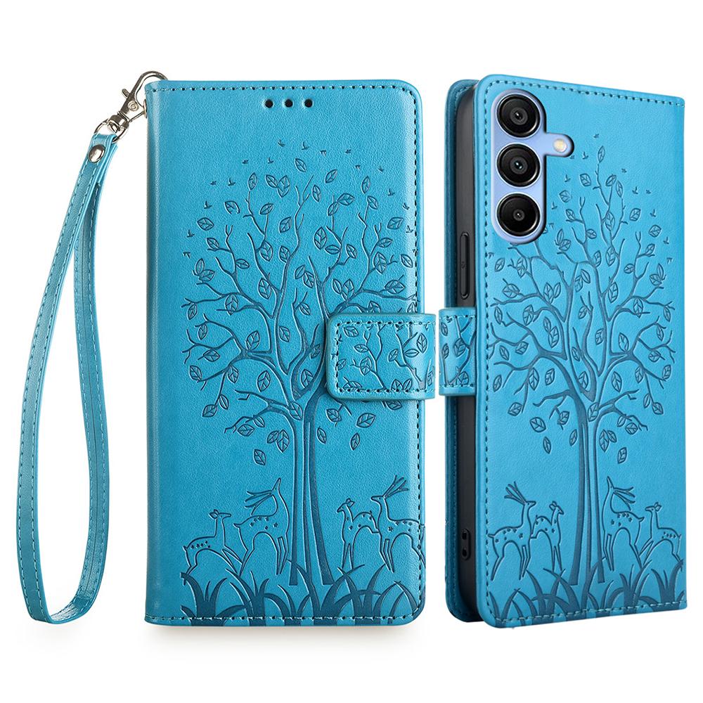 For Samsung Galaxy A15 4G/A15 5G Magnetic Case Imprinted Deer Tree Pattern Cover with Hand Strap