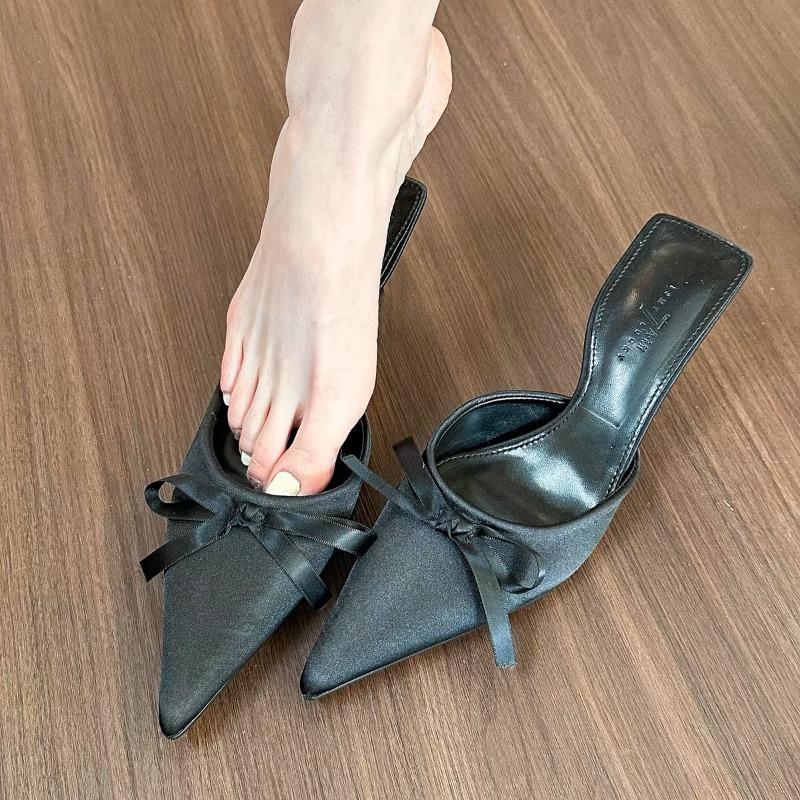 2024 Fashion Solid Color Pointed Toe Hot Selling Versatile Women's Slippers Baotou Bow Decorated Stiletto Heels Women's Shoes