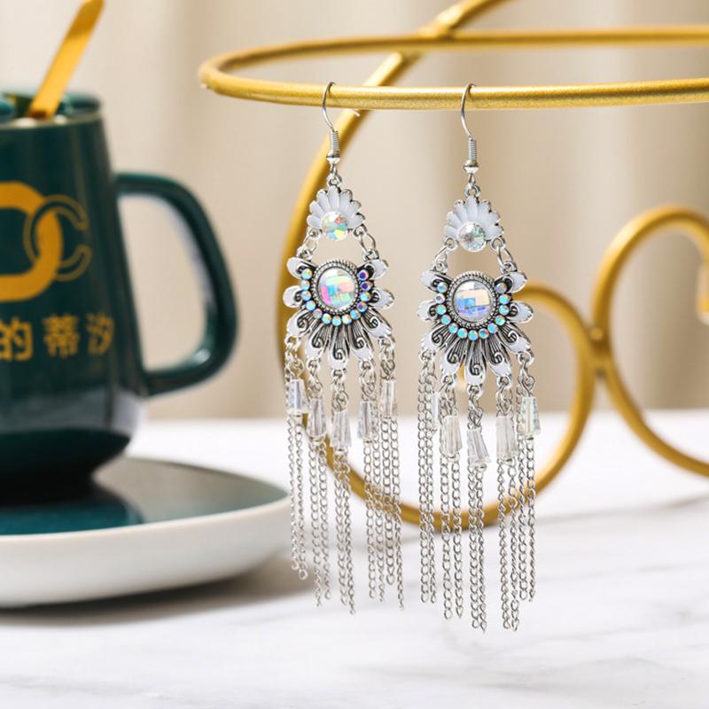 Vintage Ethnic Colorful Crystal Dangle Earrings for Women Classic Beach Chain Tassel Drop Earring Female Pendiente Bijoux