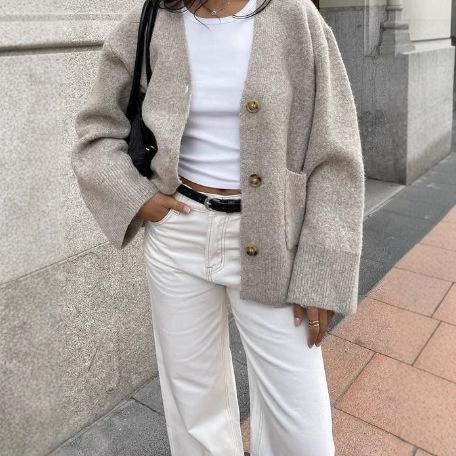European and American knitted jacket women's niche design versatile solid color jacket casual loose single-breasted knitted cardigan