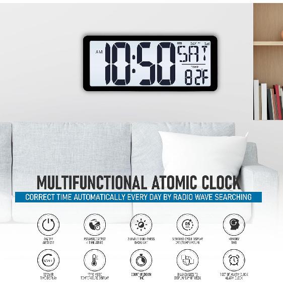 TXL Atomic Clock with Backlight, 14.2  Large Digital Wall Clock Battery Operated, Digital Clock Large Display with Day, Date & Temperature, Large