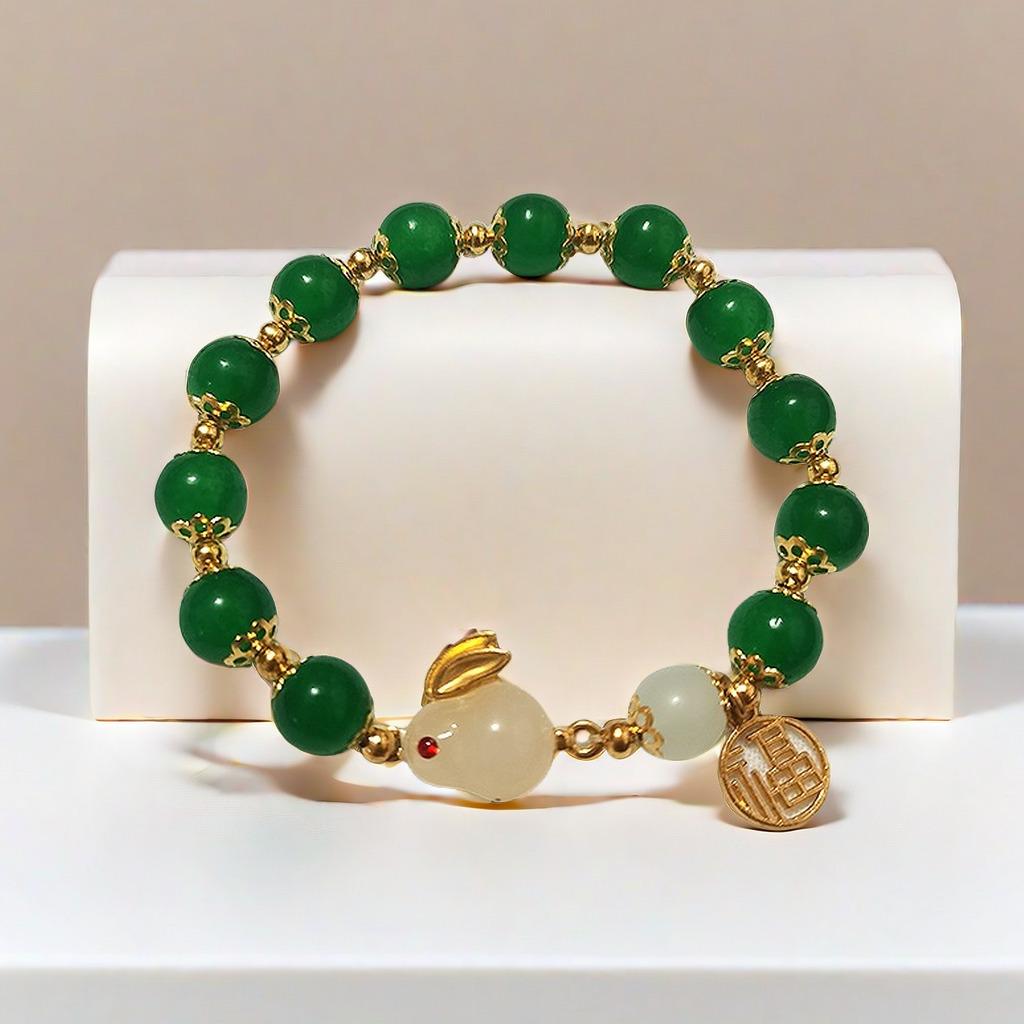 2025 Jadeite Green Jade Rabbit Bracelet: High-End Chinese Style, Year of the Snake, Elegant Women's Niche Beaded Design