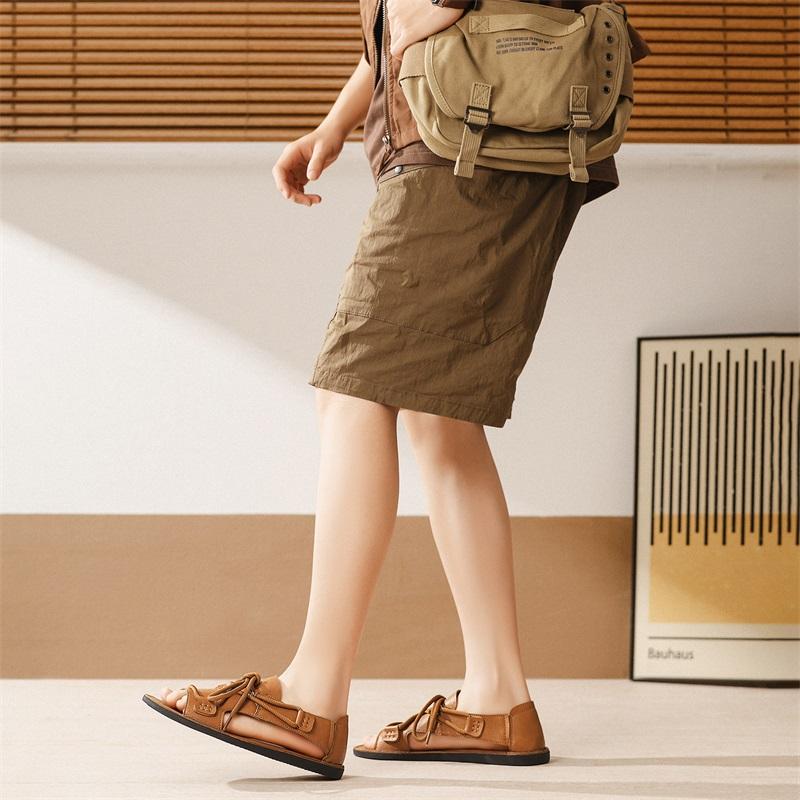 Men Handmade Simple Flats Brown Sandals Summer Roman Sandals Black white Leather Beach Shoes Plus Size