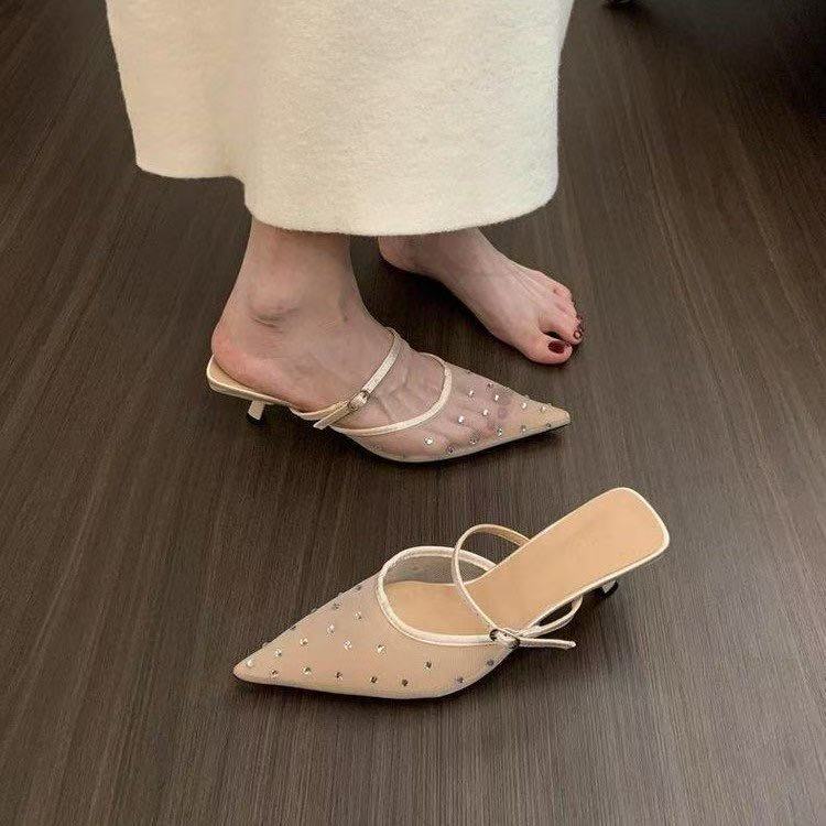 Fashion Fairy-style Pointed-toe Sandals for Women in Summer, Niche Design, Mesh Ironed Diamond Stiletto Baotou Sandals