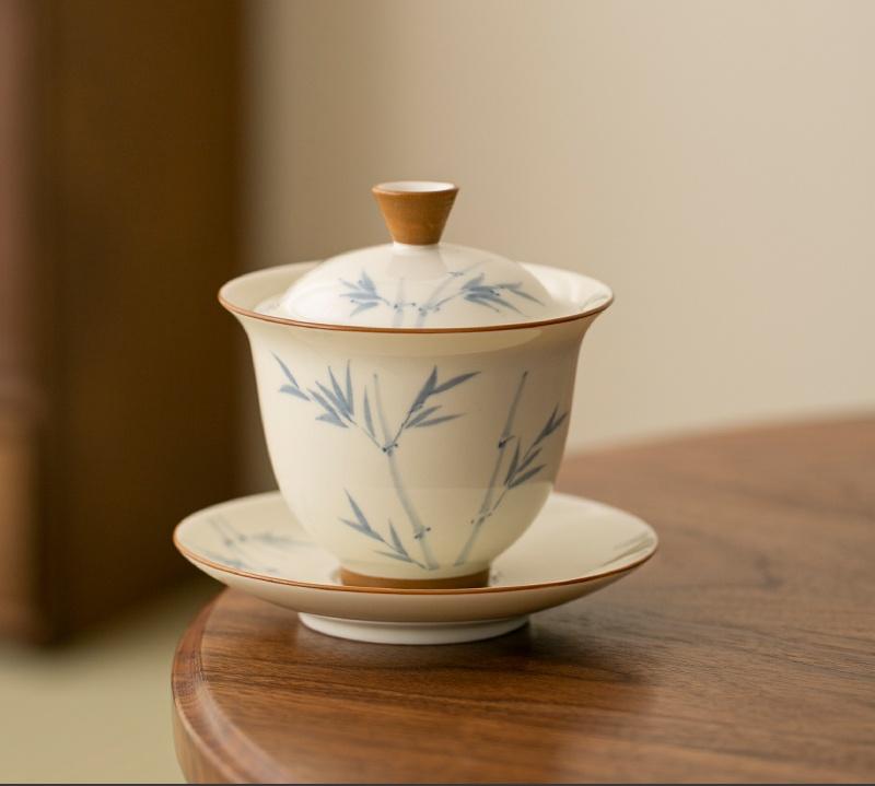 125ml Hand-painted Persimmon Bamboo Cover Bowl Household Anti Scald Gaiwan Handmade Tea Tureen Tea Making Tea Cup Tea Items Orna