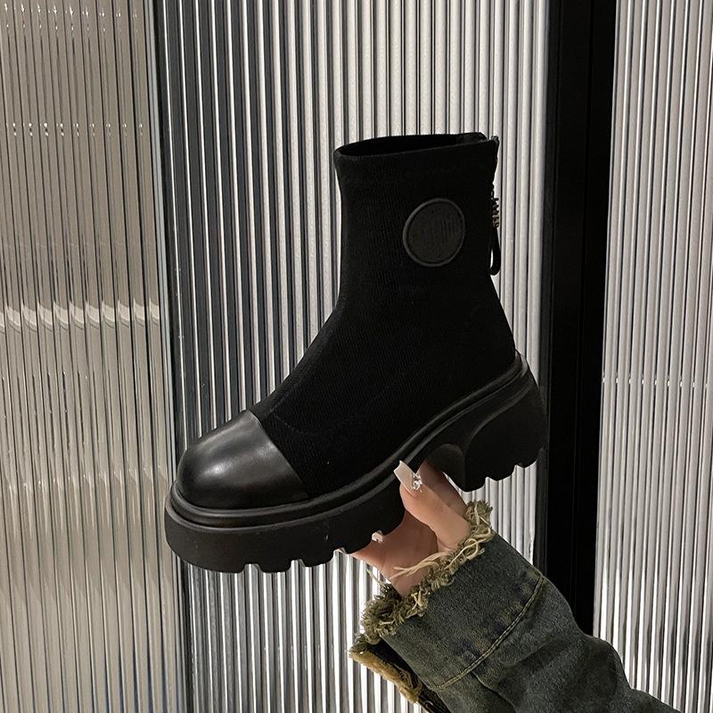 Round Head Fly-woven Martin Boots 2025 Autumn Korean Version of the New Thick-soled Thick-heeled Lace-up Small Short Boots Temperament Women's Thin Bo