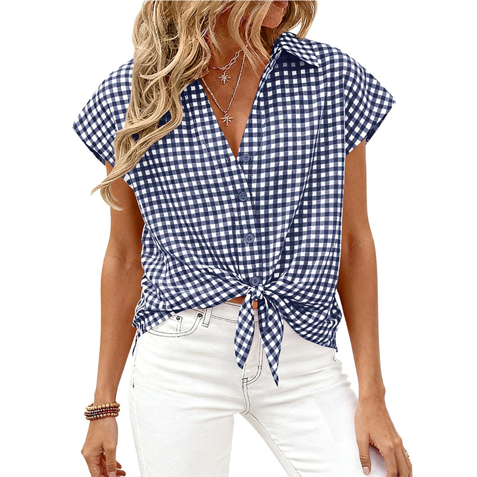 Women s Casual Loose Button Short Sleeve Plaid Shirt Top S тёмно-синий