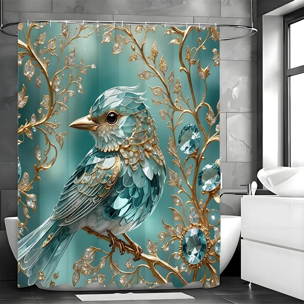 ~O~Blue Bird Tree Creative Jewel Shower Curtain, Bathroom Decorative Shower Curtain, Waterproof Shower Curtain with Hooks