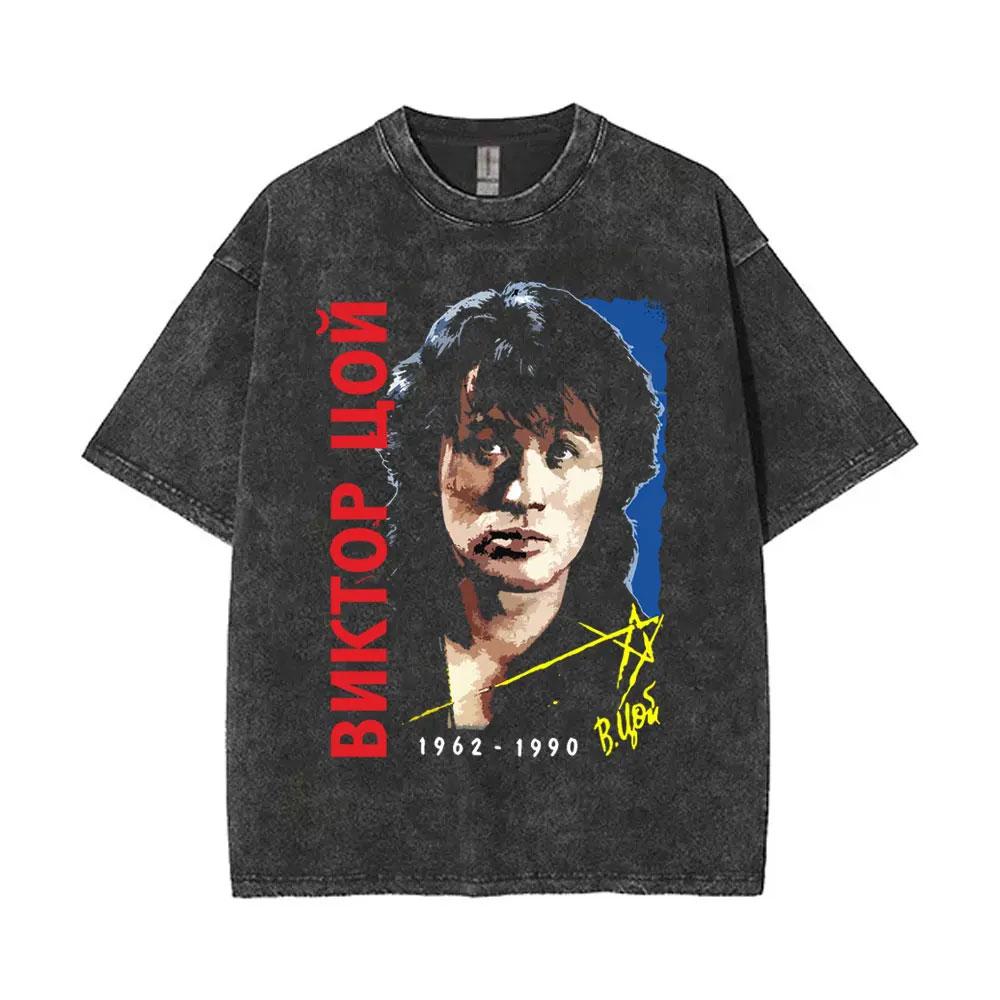 Viktor Tsoi Kino Nacht Vintage Gewaschene T-Shirts Klassische Russische Rock Gothic T-Shirts Herren Damen Lässig Polyester Übergroßes T-Shirt