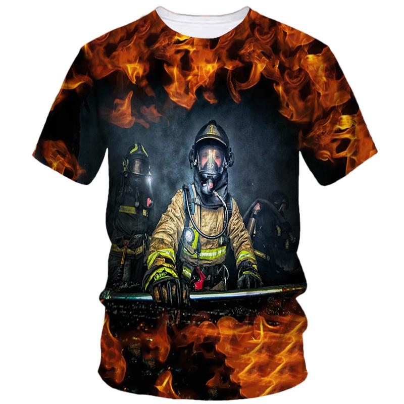 Firefighter Pattern Print Tough Guy Style T-shirts Summer Men's Short Sleeve T-Shirt Street Personality Creative Fashion Loose Casual Top