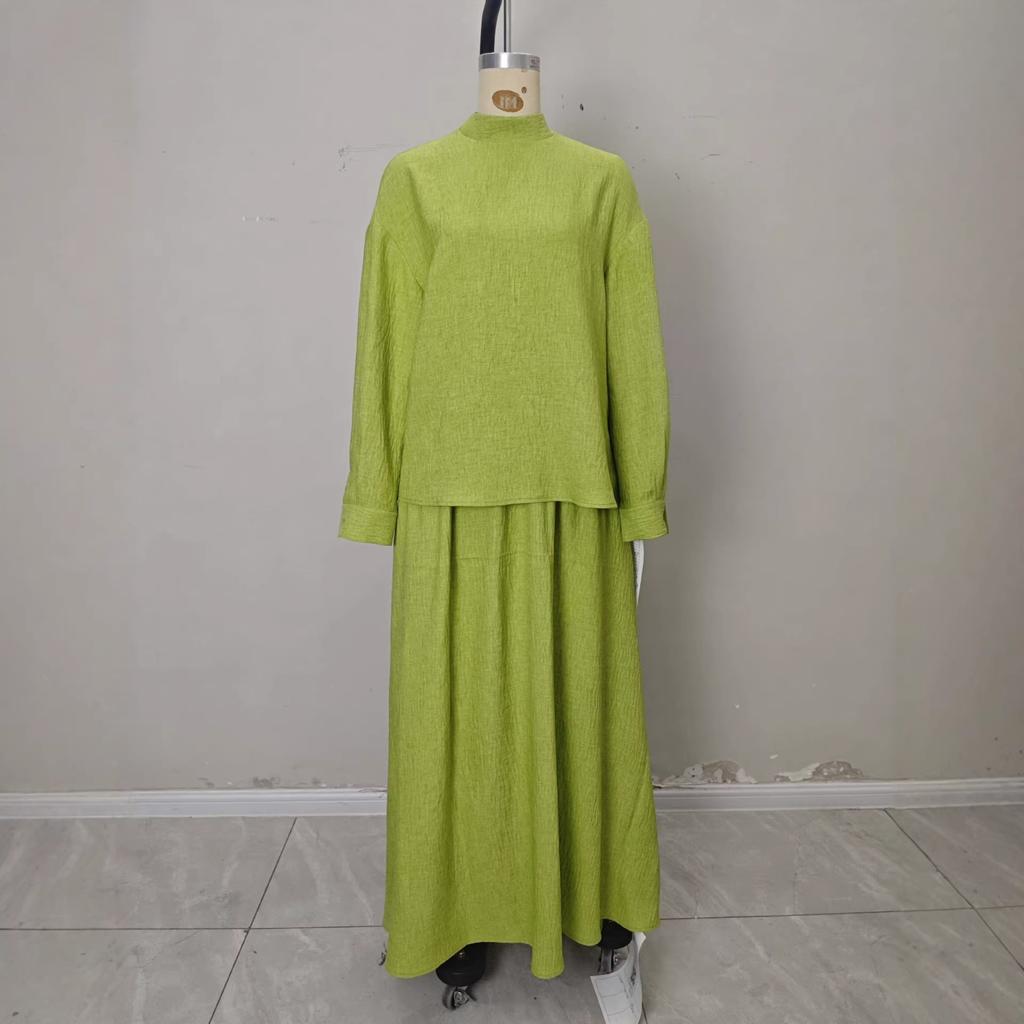 European and American French Lazy Style Green Turtleneck Loose Knitted Top Skirt Two-piece Set