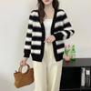 Autumn and winter v-neck striped sweater cardigan design sense casual color matching knitted jacket imitation mink soft waxy age-reducing top