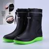 Premium Unisex Waterproof Rain Boots, New Cuff Design, Short/Mid-Calf Length, Drawstring Closure, Non-Slip Rubber Sole.