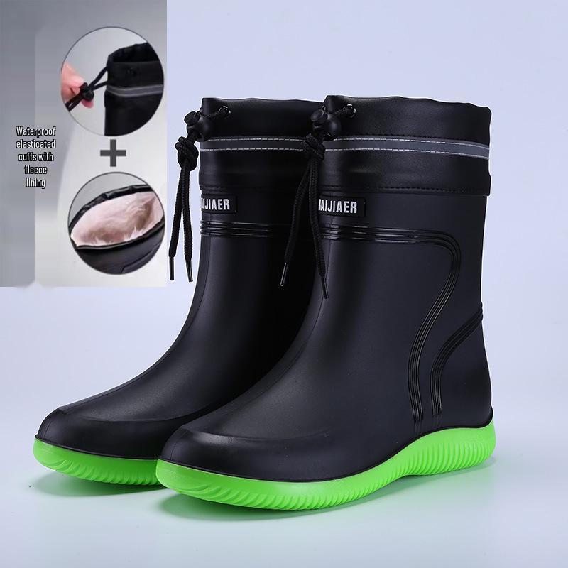 Premium Unisex Waterproof Rain Boots, New Cuff Design, Short/Mid-Calf Length, Drawstring Closure, Non-Slip Rubber Sole.