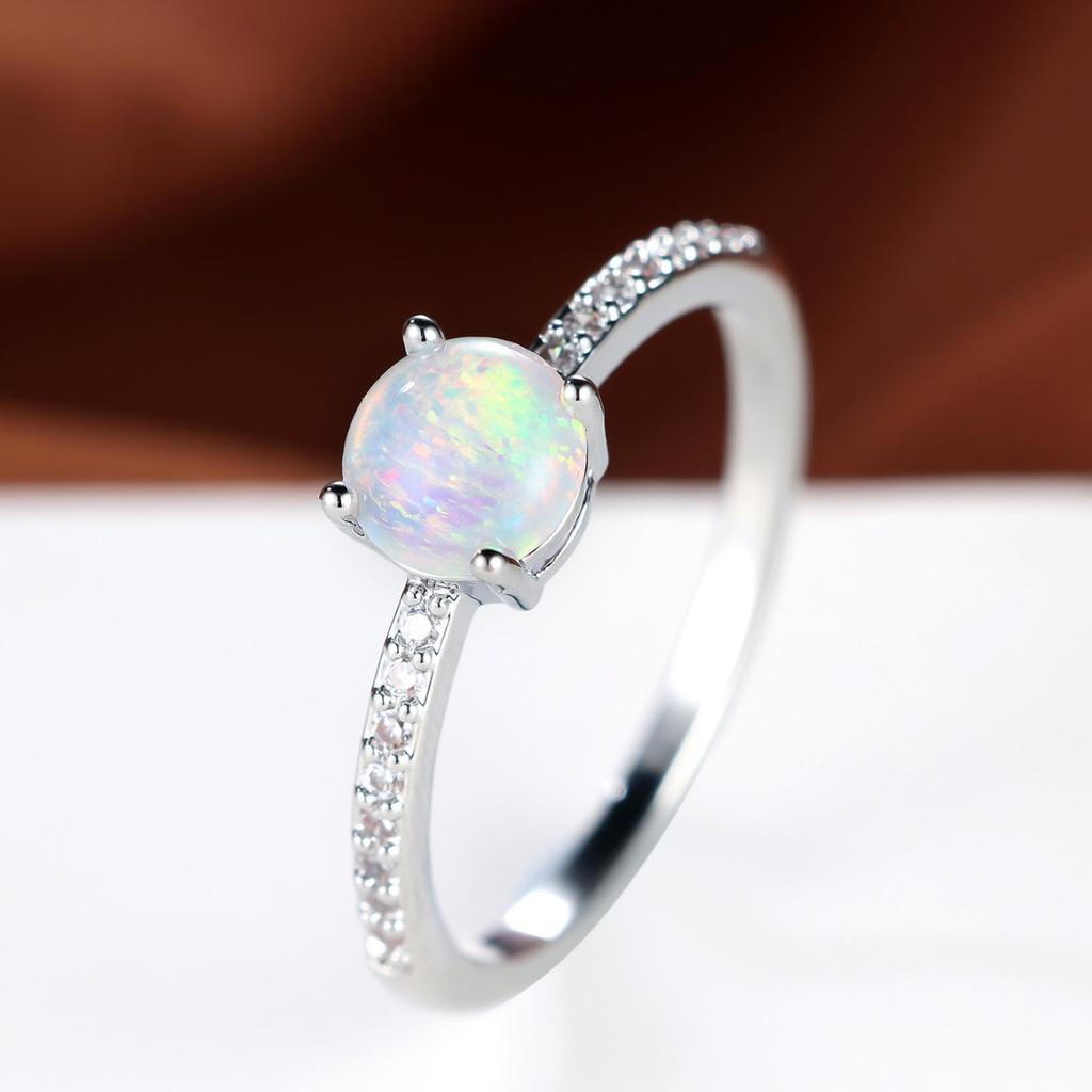 White opal ring, round opal jewelry with diamonds, gentle design