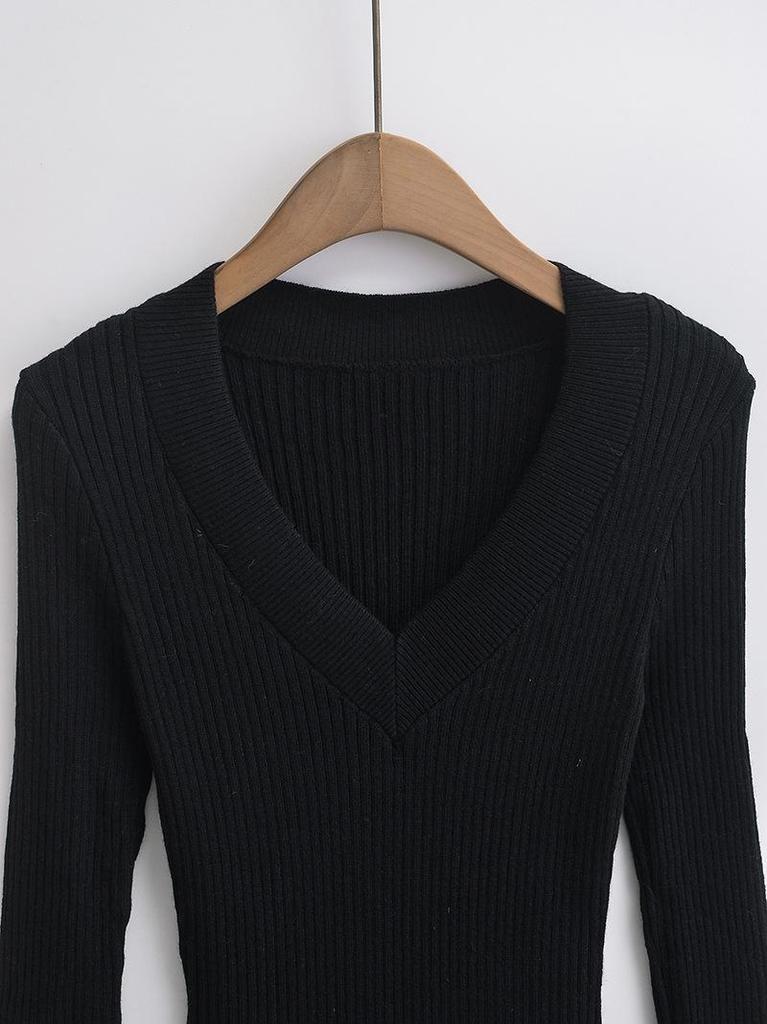 Spicy Girl Deep V-neck Slit Cuff Sweater: Women's 2024 Slimming Autumn Top
