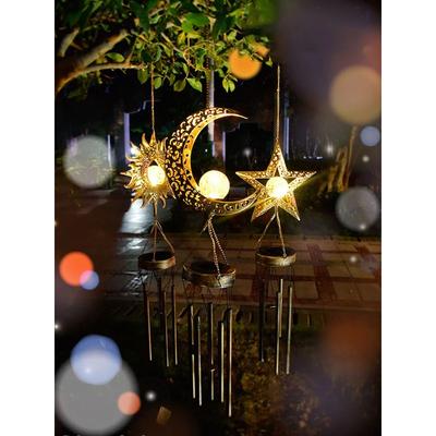 Solar Moon Wind Chimes Metal Moon Chimes with Crackle Glass Ball Outdoor Hanging Decoration Moon Wind Bells Light for Court Lawn
