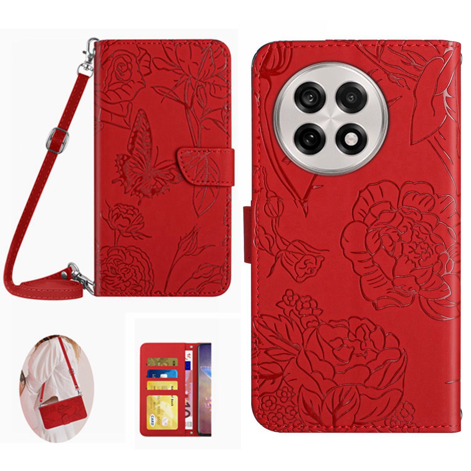

Для OnePlus 13 Чехол Кожаный чехол для телефона с тиснением в виде бабочки и цветка с плечевым ремнем Red