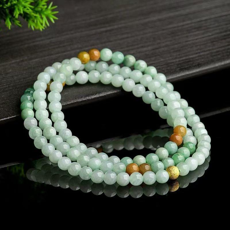 Natural Myanmar Jadeite 6mm Jade Bead Necklace Glutinous Ice Jade Bracelet Sweater Chain Women s Three-Ring Bracelet