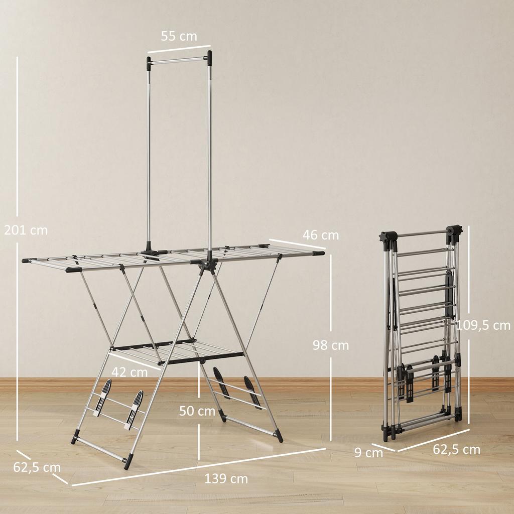 Folding Clothes Drying Rack with 5 Adjustable Wings and 4 Shoe Racks, Stainless Steel, Silver