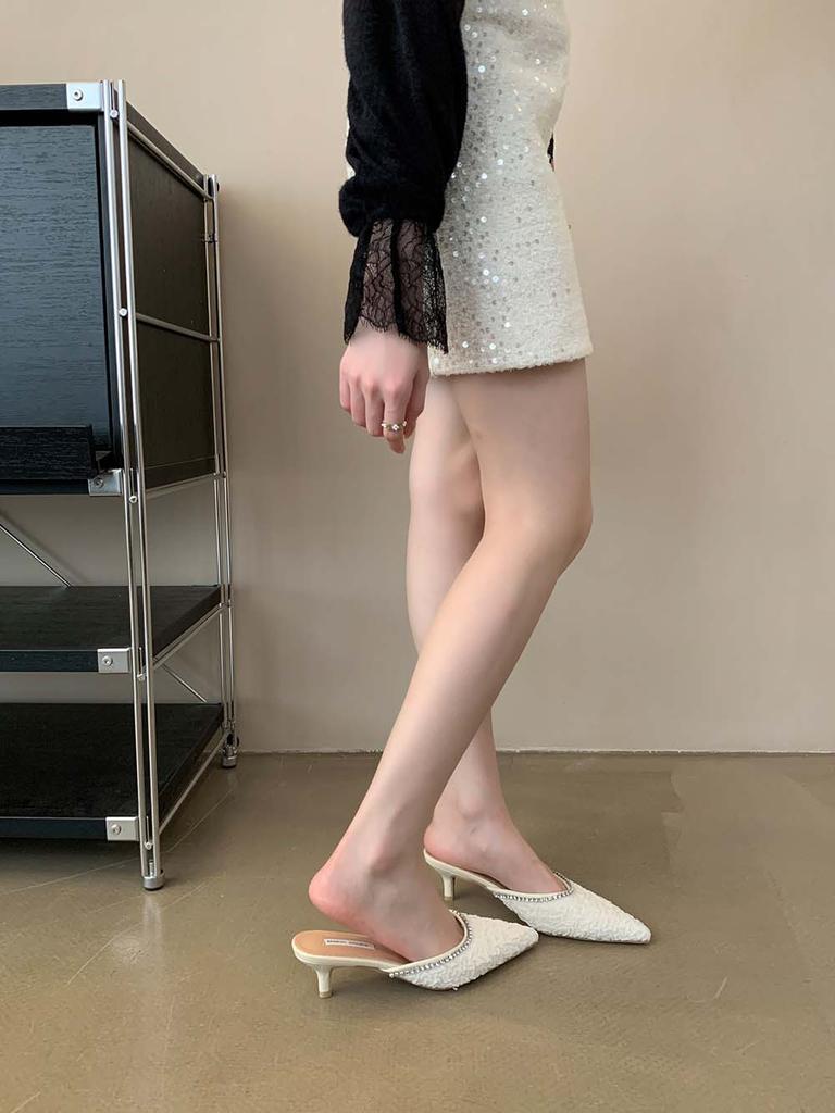 fashion Fashion Women Slides Slippers Pointed Toe Summer Outside Mules Shoes Thin Low Heeled Rhinestone Chain Casual Slip On Pumps 35-39