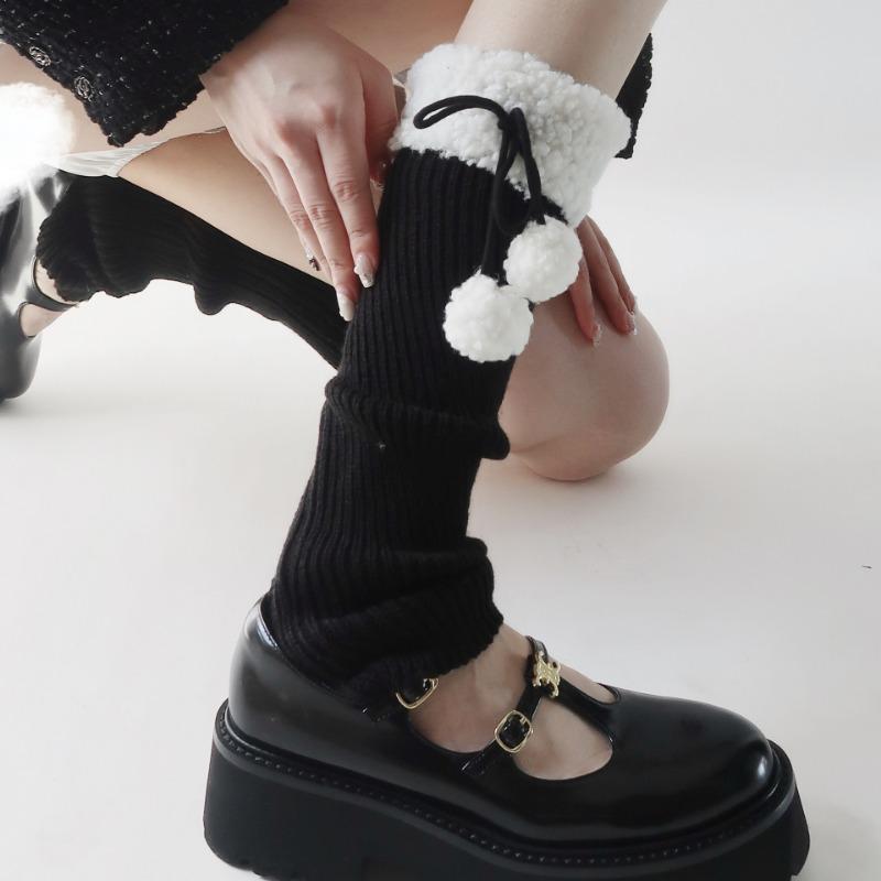 Cute Leg Cover Autumn and Winter Lamb Wool Pom-pom Warm Hairball Socks Cover J Retro Stacking Socks Children