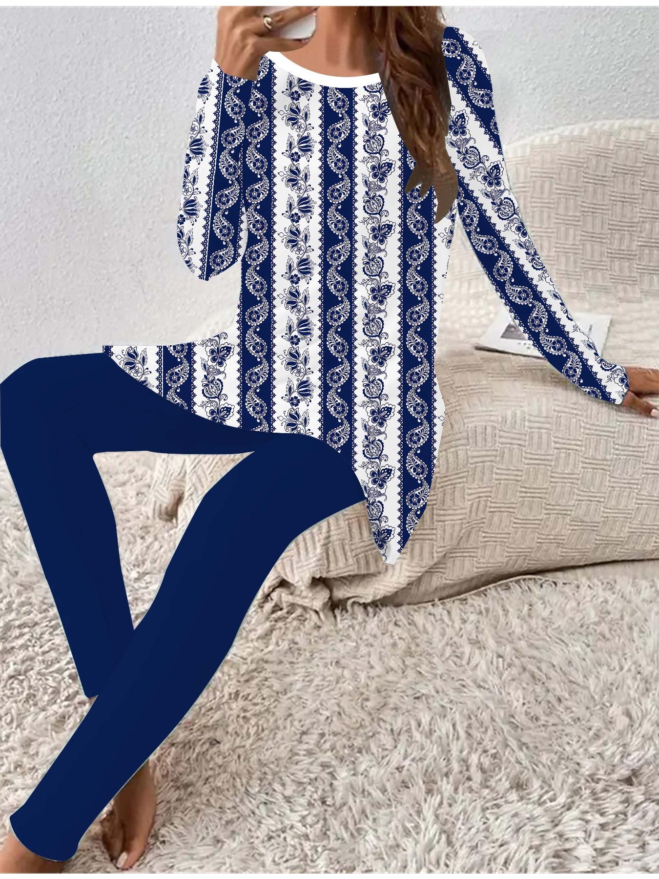 

Евро-американская мода 3D с ретро-принтом женский всесезонный комплект из двух предметов: футболка с длинным рукавом + длинные брюки. Идеальный подарок на Новый год и Рождество 8XL темно-синий