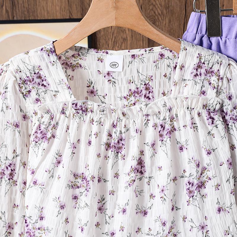 Girls' Outfit Children's Clothing New Autumn French Pastoral Floral Long Sleeve Top Casual Solid Color Long Pants