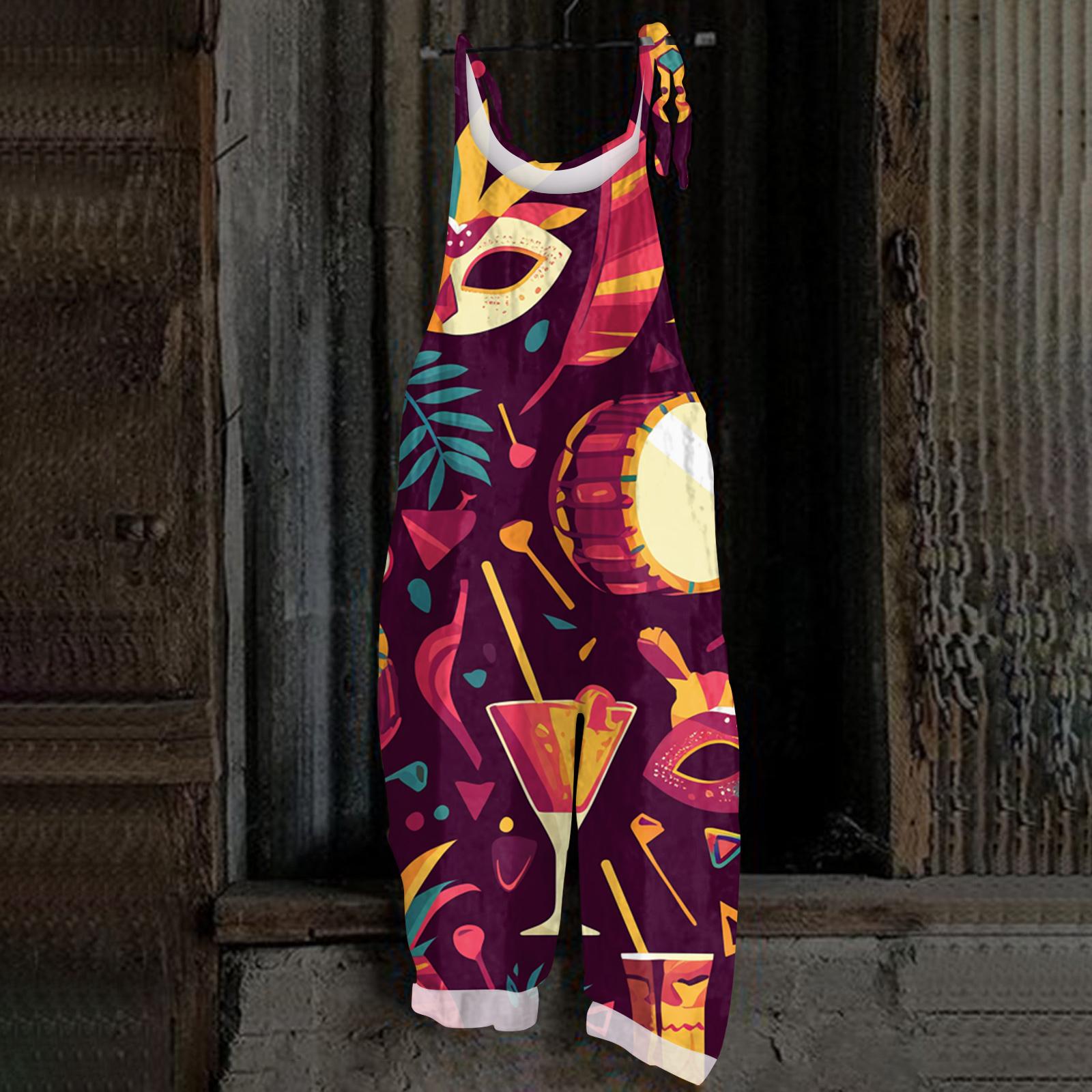 

Women s Casual Jumpsuit Sleeveless Carnival Mask Print Loose Retro Overalls Jumpsuit L