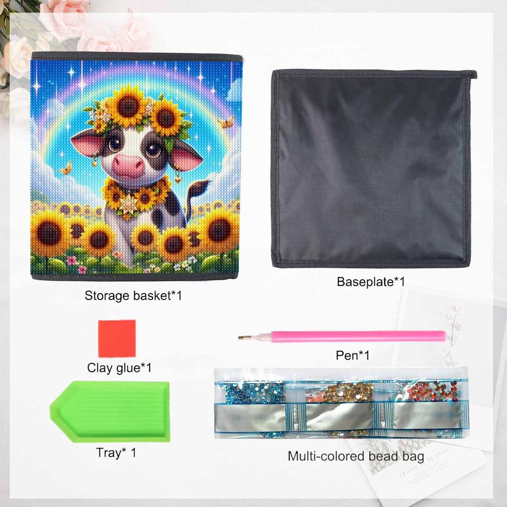 Sonnenblumen und Kühe 5D Diamantmalerei Aufbewahrungskorb Vollrunde Bohrer Mosaik Diamantstickerei Kreuzstich-Kits Heimdekoration Heimdekoration