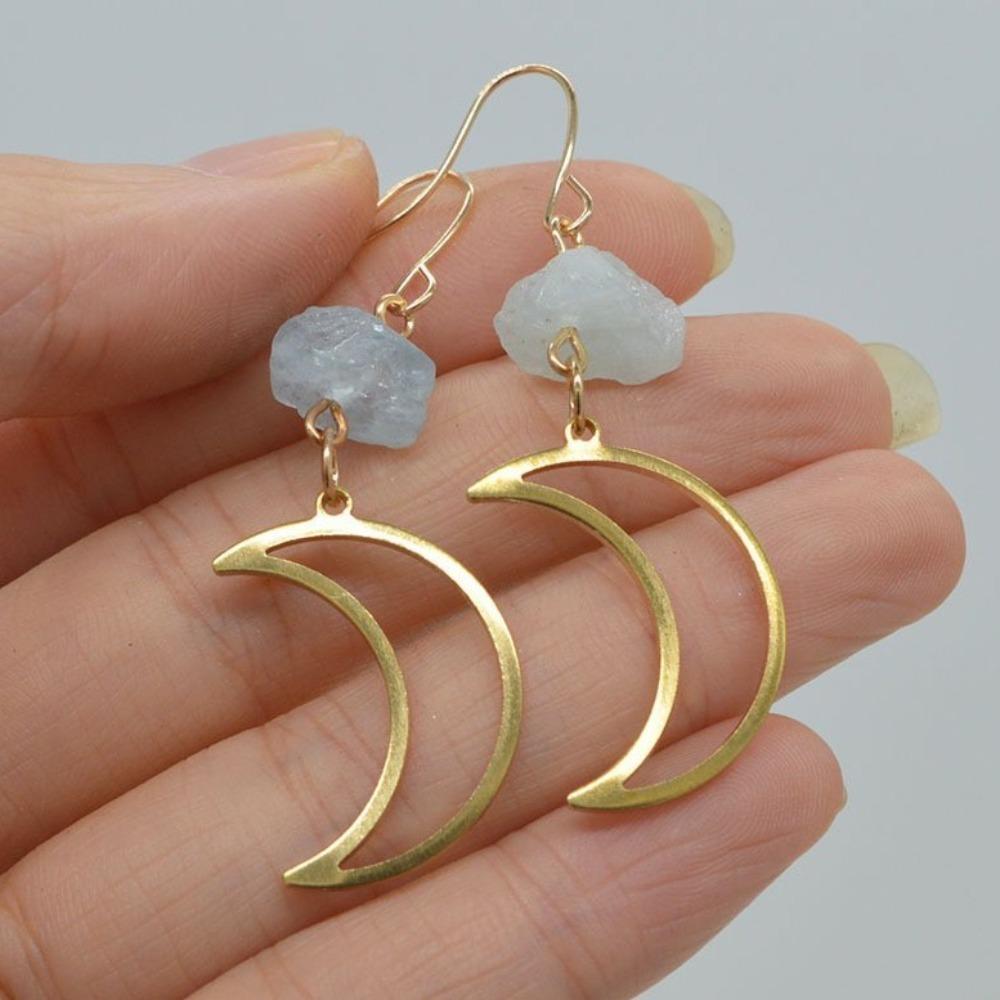 Exquisite Simple Gold Color Stainless Steel Hollowed-out Crescent Moon Irregular Crystal Dangle Earrings for Women Jewelry Gift