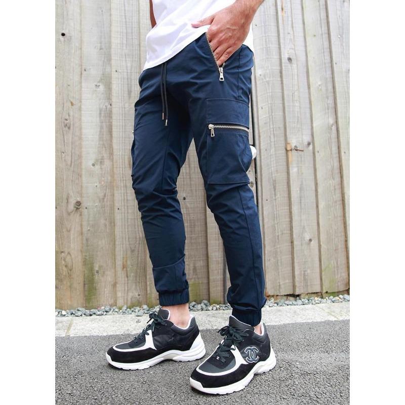 Herren Cargo-Hose mit Kordelzug Taille Reißverschlusstaschen Design Slim Fit Knöchelbündchen Lässige Streetwear Lange Hosen