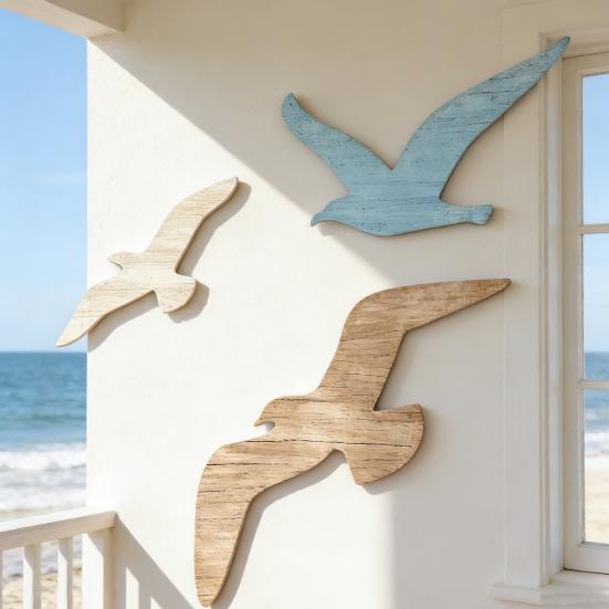 3 Pcs Wood Seagull Wall Decor Nautical Beach Coastal Theme Small Sea Birds Wall Art Lake House Ocean Wall Sculpture for Home Bathroom