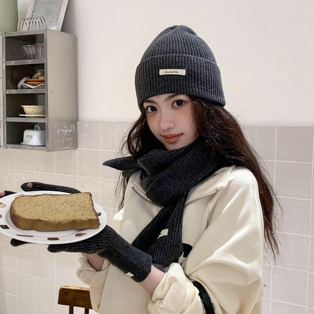 Solid Color Hat Scarf Gloves Set Warm Winter Beanie Hat Neck Protector Thermal Knit Cap  Skiing