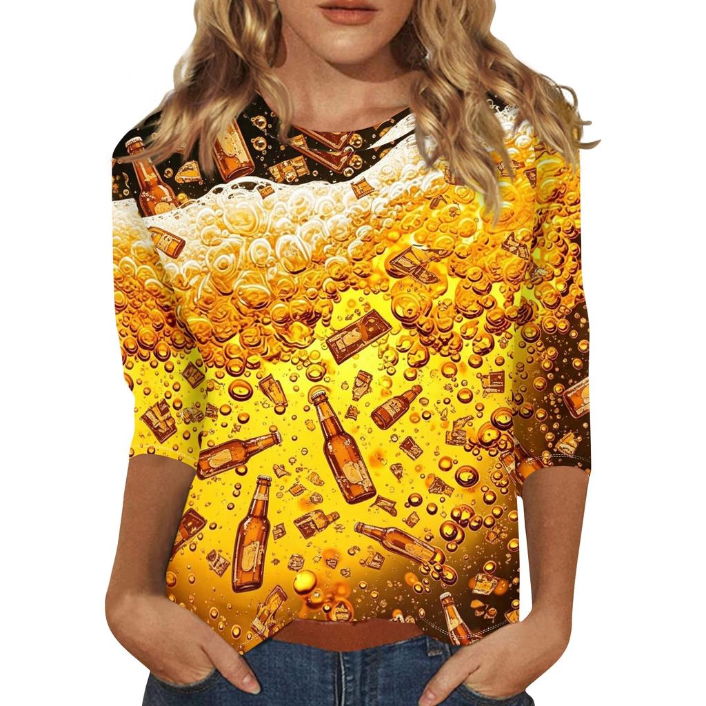 Women's Casual Three Quarter Sleeve Round Neck Top Oktoberfest Beer Print Lightweight Comfortable Fit Pullover Shirt