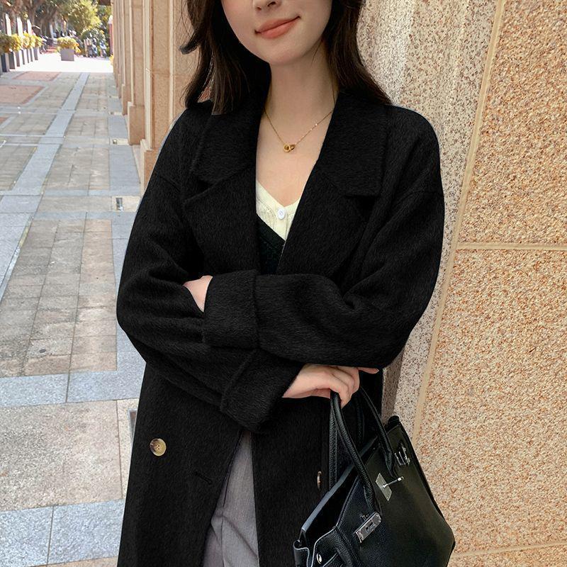 Petite Women's Korean-Style Fleece-Lined Gray Wool Coat for Fall/Winter