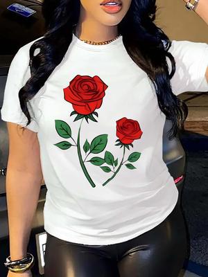 Roses Print Crew Neck T-Shirt Casual Short Sleeve T-Shirt for Spring & Summer Women's Clothing