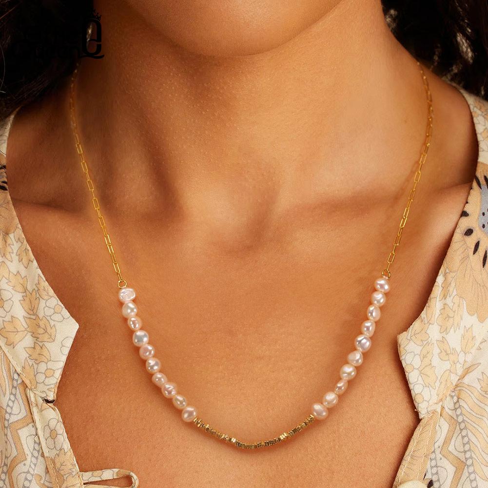 EFFIE QUEEN Elegant 925 Sterling Silver Women's Luxury Natural Pearl Necklace 14K Gold Plated Simple Choker Chain Gift GPN68