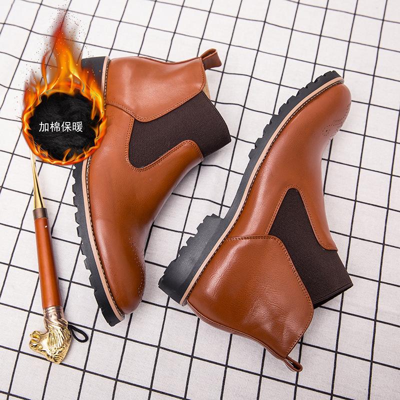 

Мужские зимние ботинки 2025 челси, кожаная обувь для мужчин среднего возраста, мужская обувь, повседневная, нарядная, бархатные, британские кожаные ботинки 46 коричневый